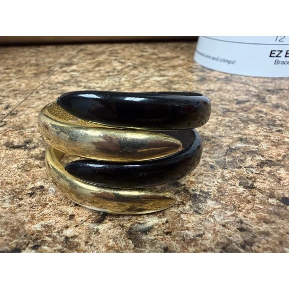 Vintage Black Gold Tone Hinged Cuff Bracelet Bypass Statement Chunky Retro